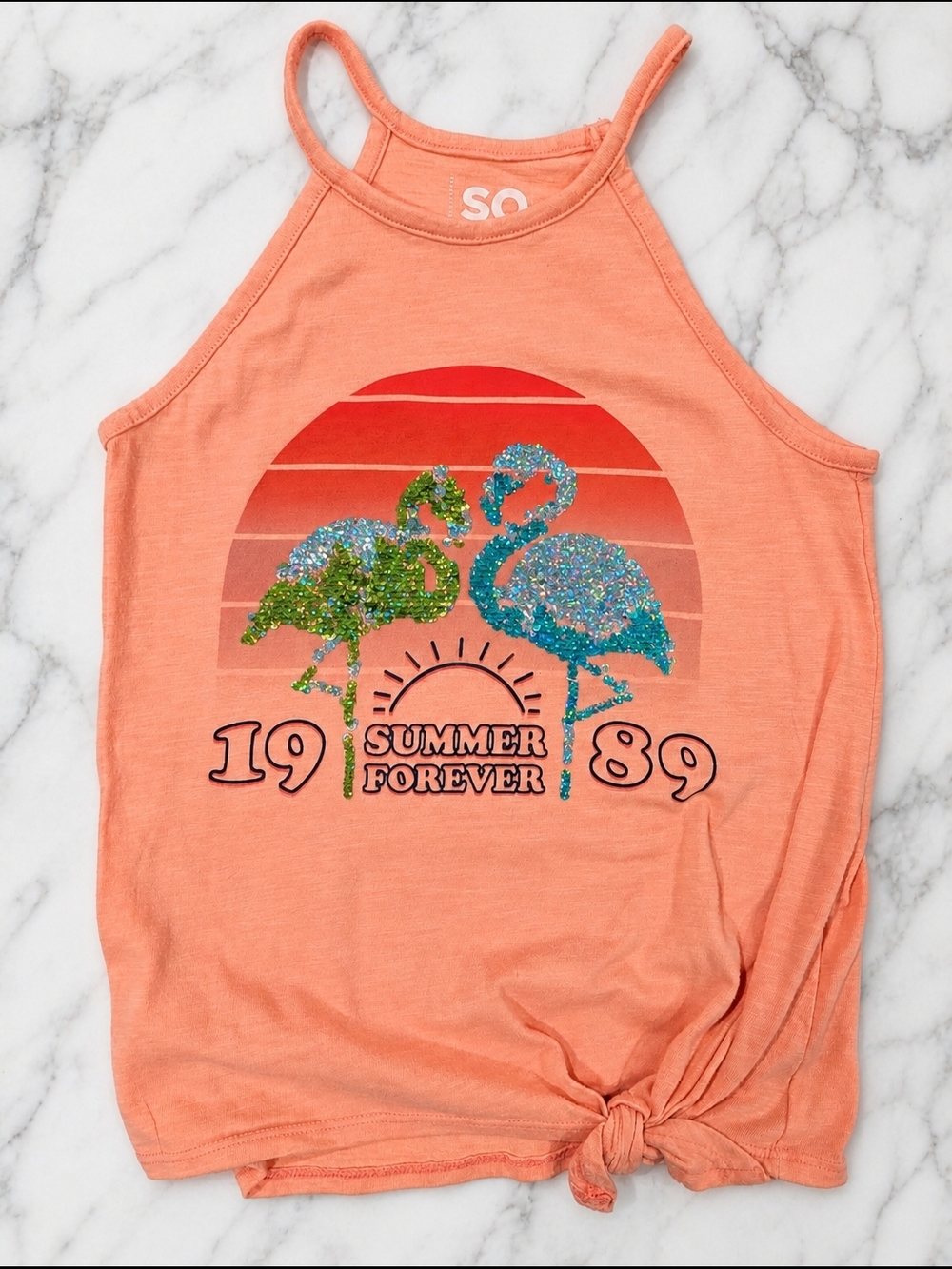 Summer Forever Flamingo Tank Top – Coral Peach Marble Flat Lay | Girls Size M 8